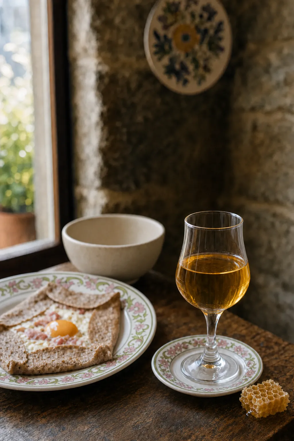 Verre de chouchen ambré sur une soucoupe en faïence fleurie, rayon de miel et galette complète