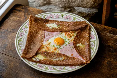 Galette complète, jambon, œuf et emmental, dans une assiette de faïence